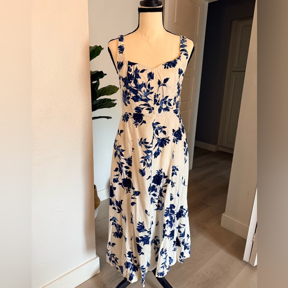 Sleeveless Cream Dress with Blue Floral Print